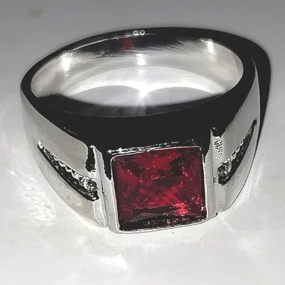 Elegant Men's Silver Ring with Red Gemstone Sz 11